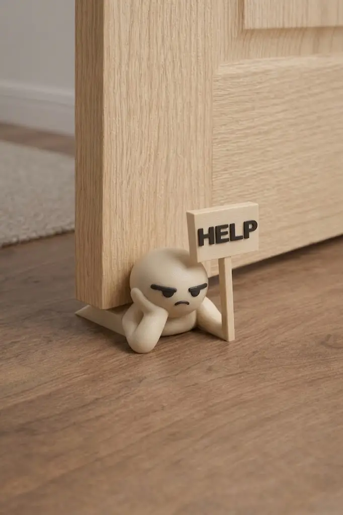 Unamused Doorstop Guy with HELP Sign | Funny Desk & Door Accent