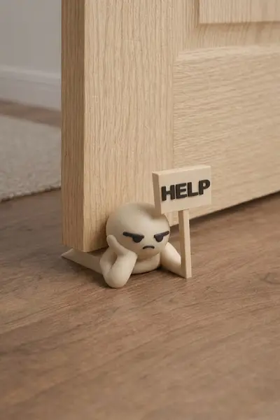 Unamused Doorstop Guy with HELP Sign | Funny Desk & Door Accent