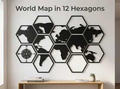 World Map Hexagon Wall Art – 12 Pcs Modular Geometric Decor