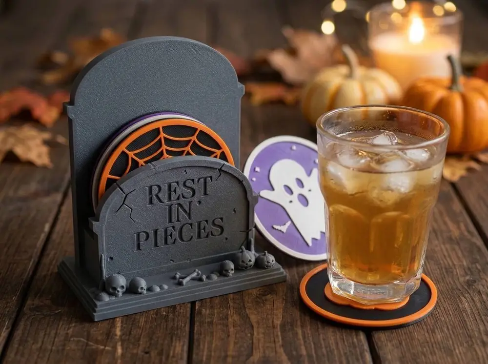 "Rest in Pieces" Tombstone Halloween Coaster Set & Holder