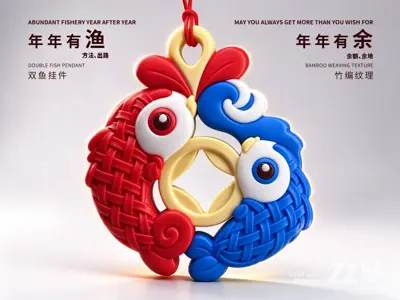 年年有渔 年年有余 竹编纹理挂件