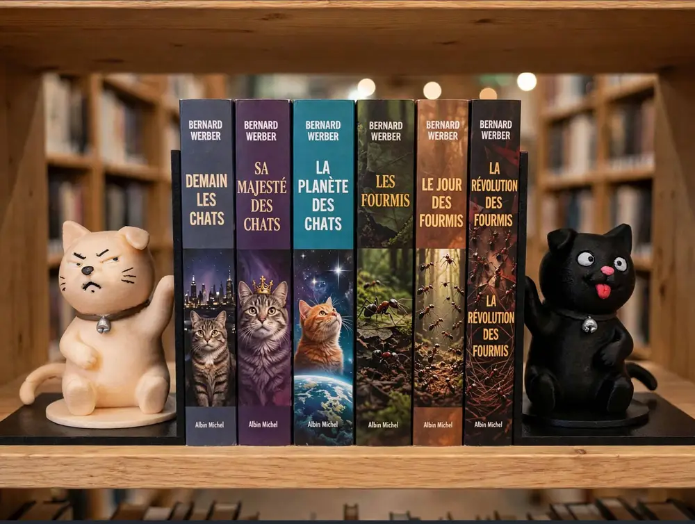 Duo Serre-Livres Chats Grincheux & Rigolo - Book Nook Cats