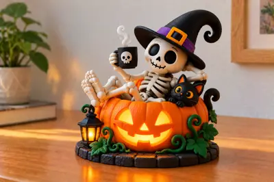 Halloween Skeleton with Black Cat
