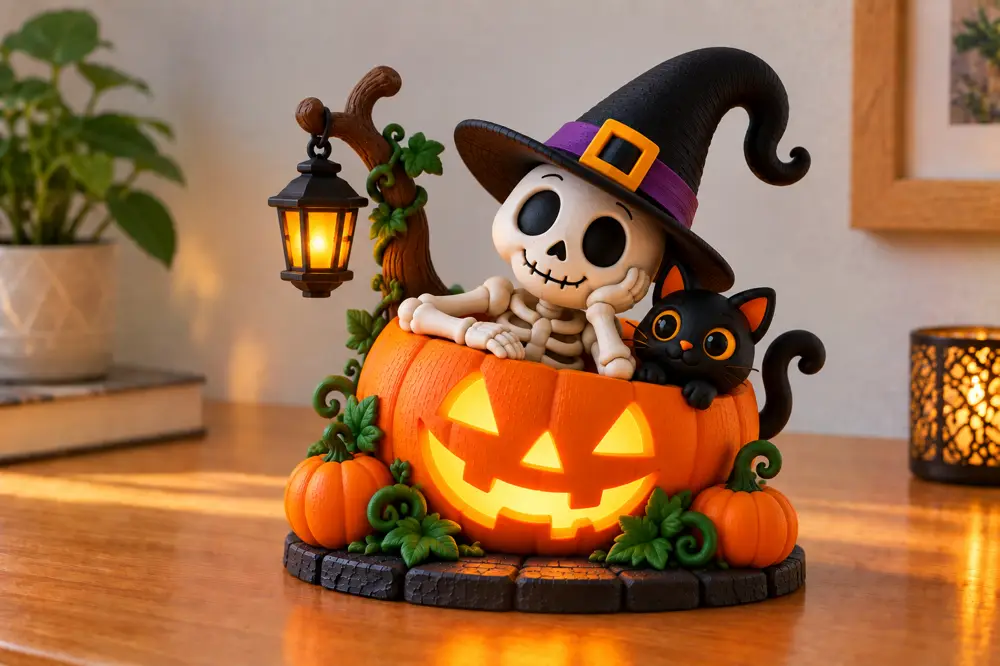 Halloween Skeleton  with Black Cat and Lantern