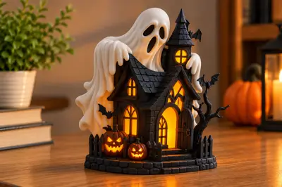 Haunted House with Spooky Ghost and Pumpkins
