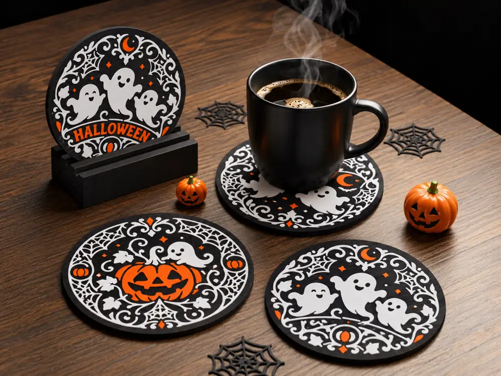 👻 Halloween Ghostly Delights Coaster Set with Stand (3-Piece) 🎃🕸️