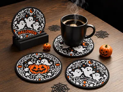 👻 Halloween Ghostly Delights Coaster Set with Stand (3-Piece) 🎃🕸️