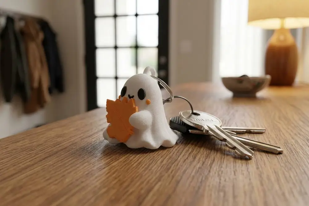 Cute Ghost Keychain with Autumn Leaf