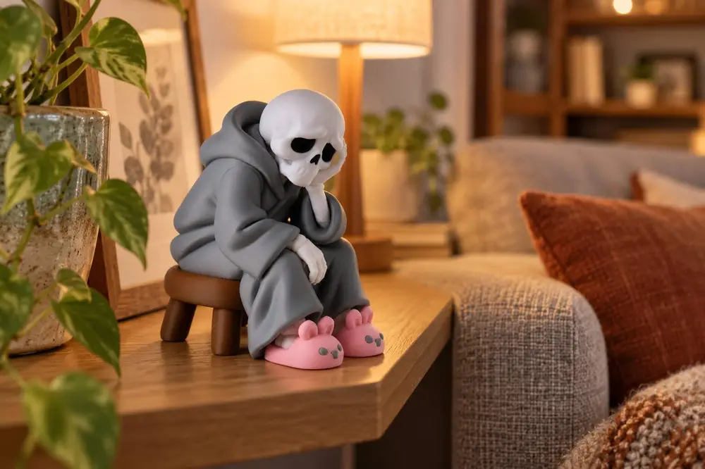 Sad Reaper – Cute Skeleton in Bunny Slippers