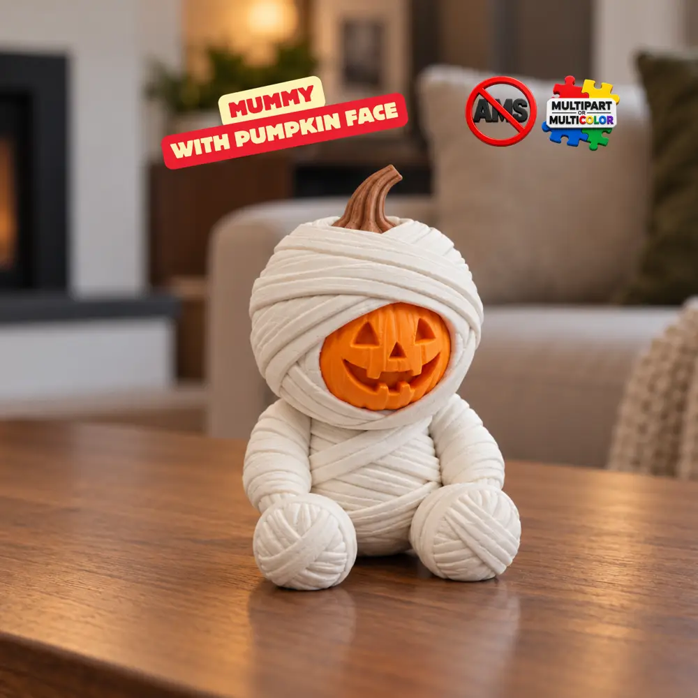 CUTE MUMMY WITH PUMPKIN FACE / HALLOWEEN BUDDY - ARTICULATED / FLEXI TOY / AUTMN DECOR