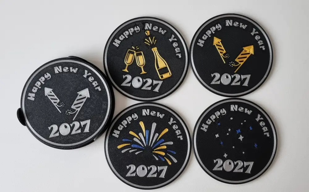Happy New Year Coaster Set (2027) + Holder — Mixed Color Versions