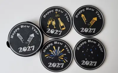Happy New Year Coaster Set (2027) + Holder — Mixed Color Versions