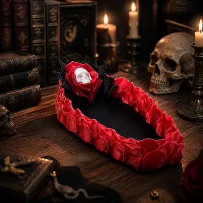 Gothic Rose Coffin Jewelry Tray with Skull