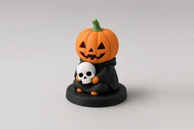 Chibi Pumpkinhead Skull Hug - Multicolor Halloween Figure | Cute Jack-o'-Lantern Head with Skull