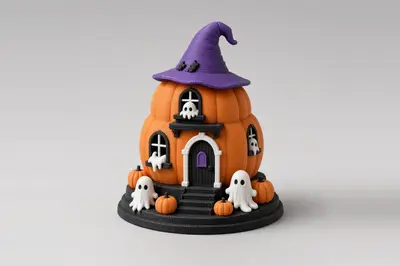 Haunted Pumpkin House - Multicolor Halloween Diorama | Witch Hat Roof with Ghosts