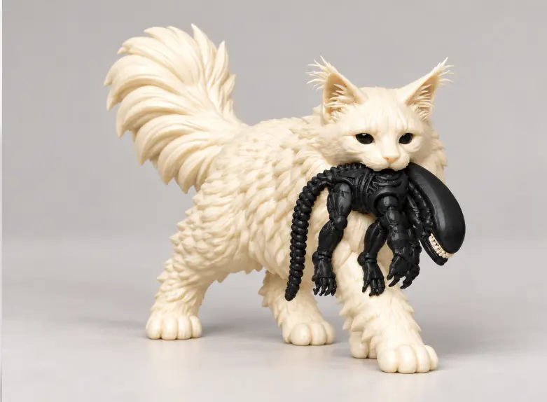 Alien Hunter Cat – Fluffy Cat Carrying a Sci-Fi Creature