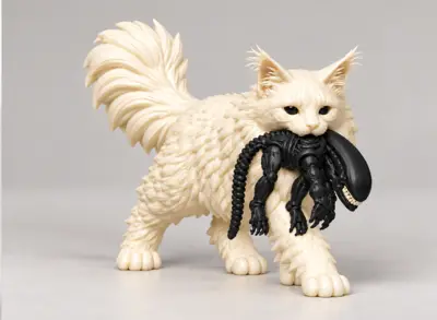 Alien Hunter Cat – Fluffy Cat Carrying a Sci-Fi Creature