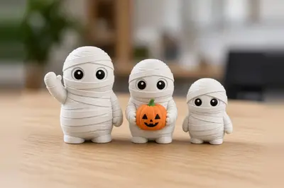 Cute Mummy Trio - Multicolor Halloween Figures | Chibi Mummy Family with Jack-o'-Lantern