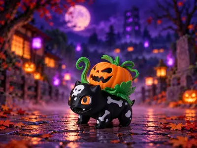 Cute Black Cat with Pumpkin and Creepy Vines