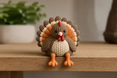 Knitted Turkey Shelf Sitter - Multicolor Thanksgiving Decor | Cute Crochet-Style Turkey