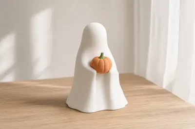 Pumpkin Hug Ghost - Minimalist Halloween Decor | Cute Bedsheet Ghost Holding a Pumpkin