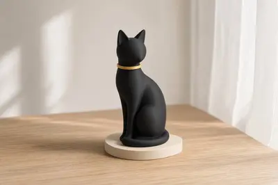 Sleek Black Cat - Minimalist Halloween Decor | Elegant Sitting Cat with Gold Collar