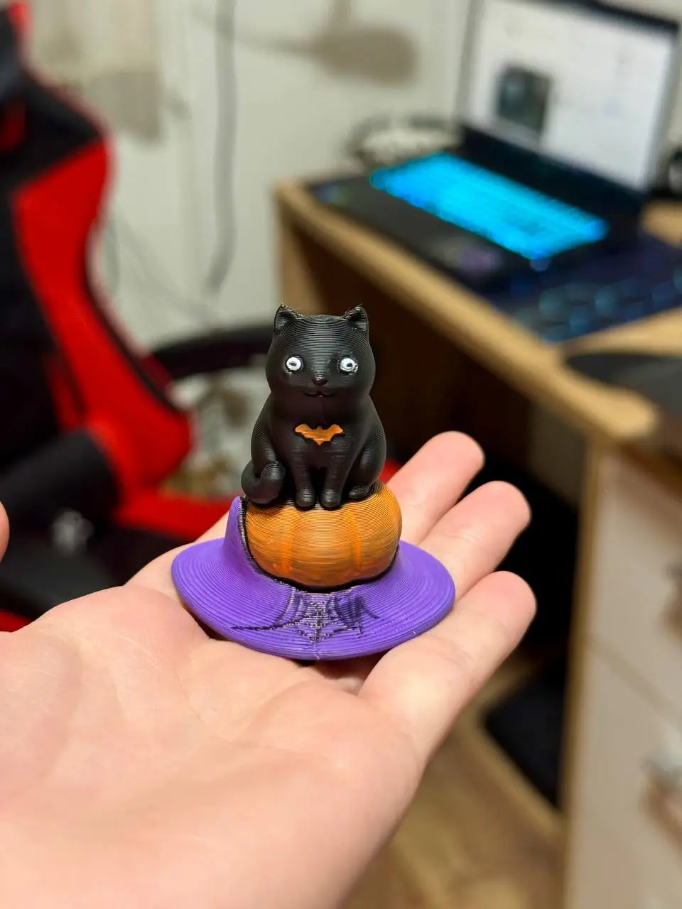 Cute Halloween Black Cat on Pumpkin - Spooky Witch Hat Figure