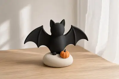 Perched Bat - Minimalist Halloween Decor | Faceless Bat on a Pebble with a Tiny Pumpkin