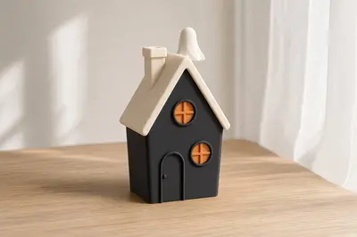 Little Haunted House - Minimalist Halloween Decor | Tall Black House with a Ghost on the Roof